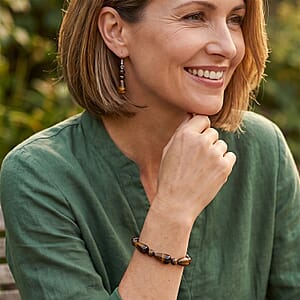 Yellow Tigers Eye 60.00 ctw Bracelet (7-9In) and Earrings in Stainless Steel