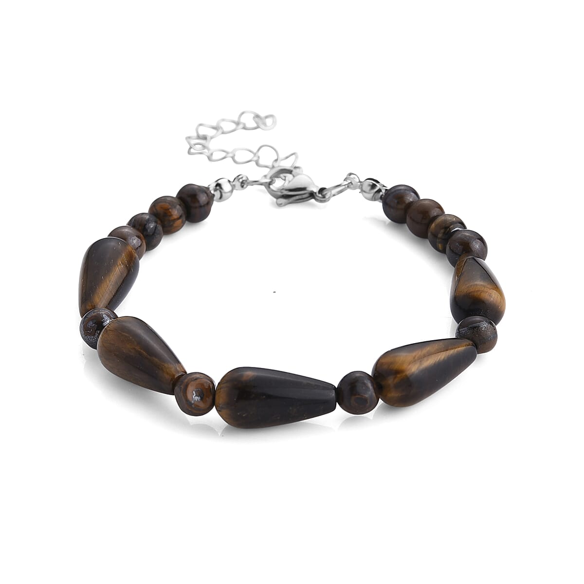 Yellow Tigers Eye 60.00 ctw Bracelet (7-9In) and Earrings in Stainless Steel image number 2
