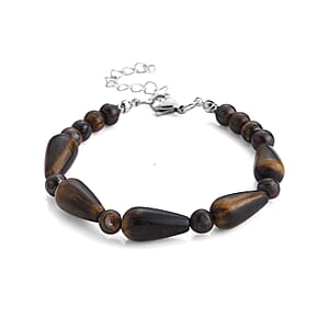 Yellow Tigers Eye 60.00 ctw Bracelet (7-9In) and Earrings in Stainless Steel