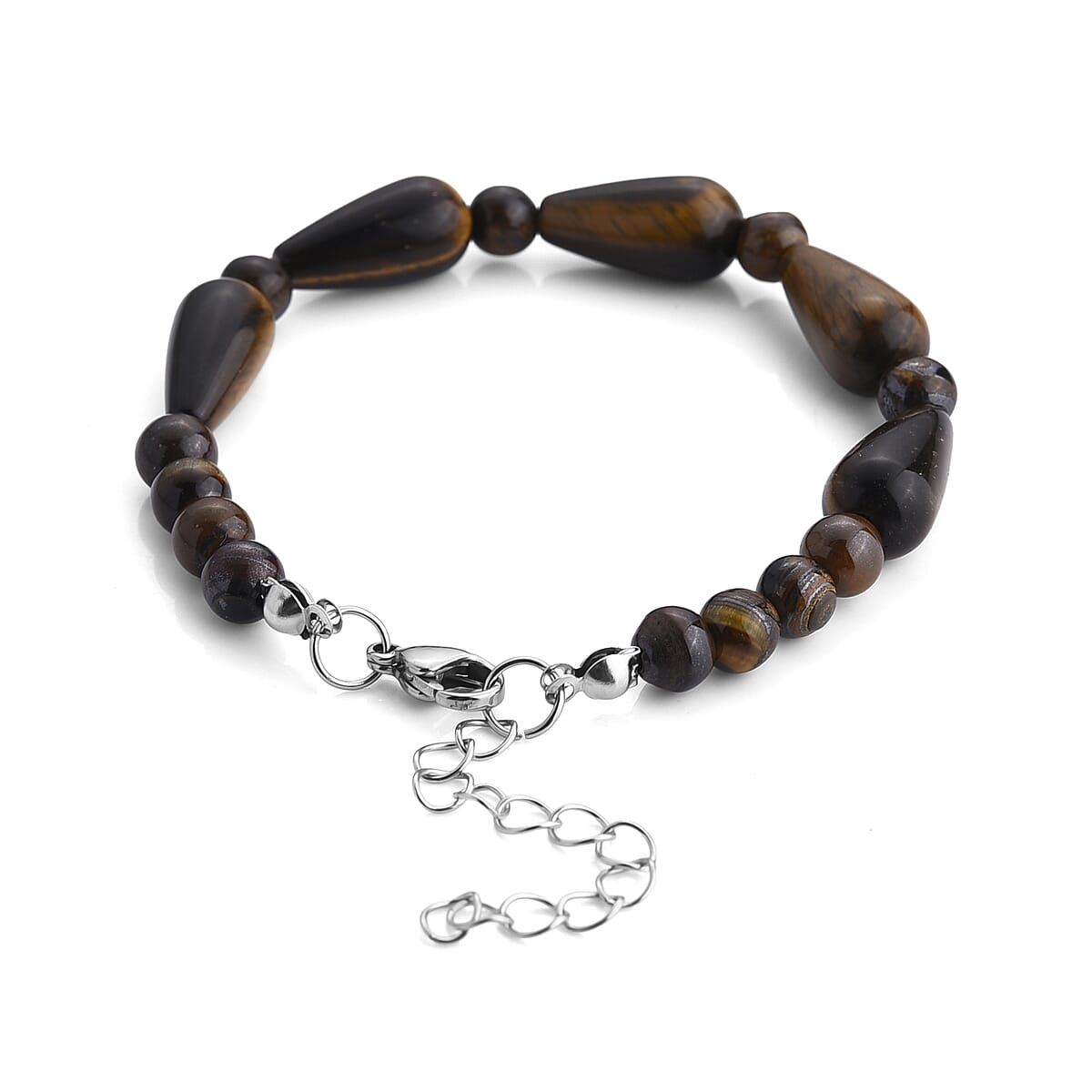 Yellow Tigers Eye 60.00 ctw Bracelet (7-9In) and Earrings in Stainless Steel image number 3