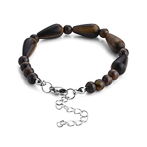 Yellow Tigers Eye 60.00 ctw Bracelet (7-9In) and Earrings in Stainless Steel