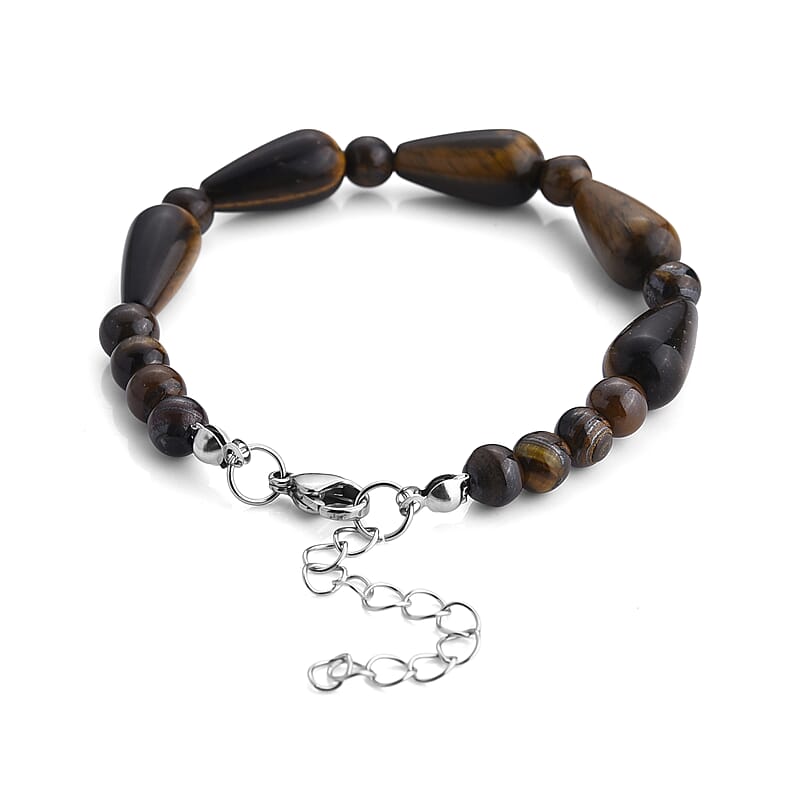 Yellow Tigers Eye 60.00 ctw Bracelet (7-9In) and Earrings in Stainless Steel