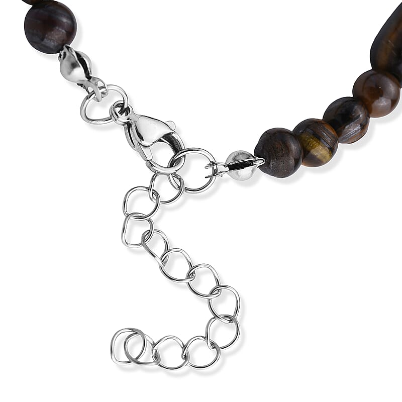 Yellow Tigers Eye 60.00 ctw Bracelet (7-9In) and Earrings in Stainless Steel