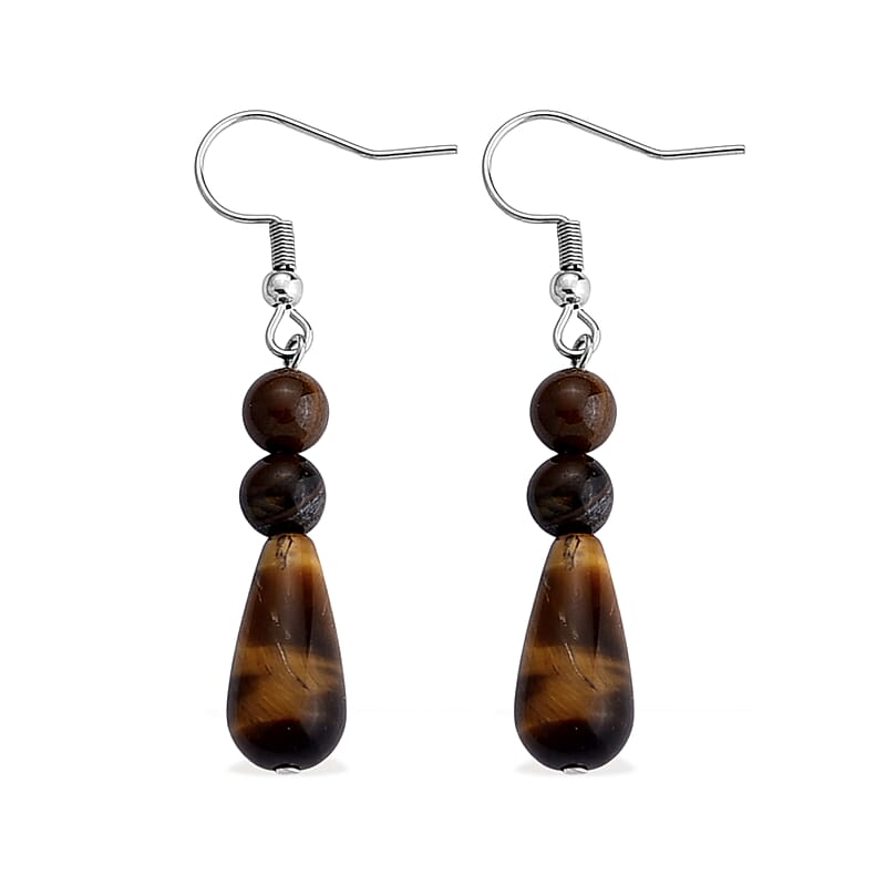Yellow Tigers Eye 60.00 ctw Bracelet (7-9In) and Earrings in Stainless Steel