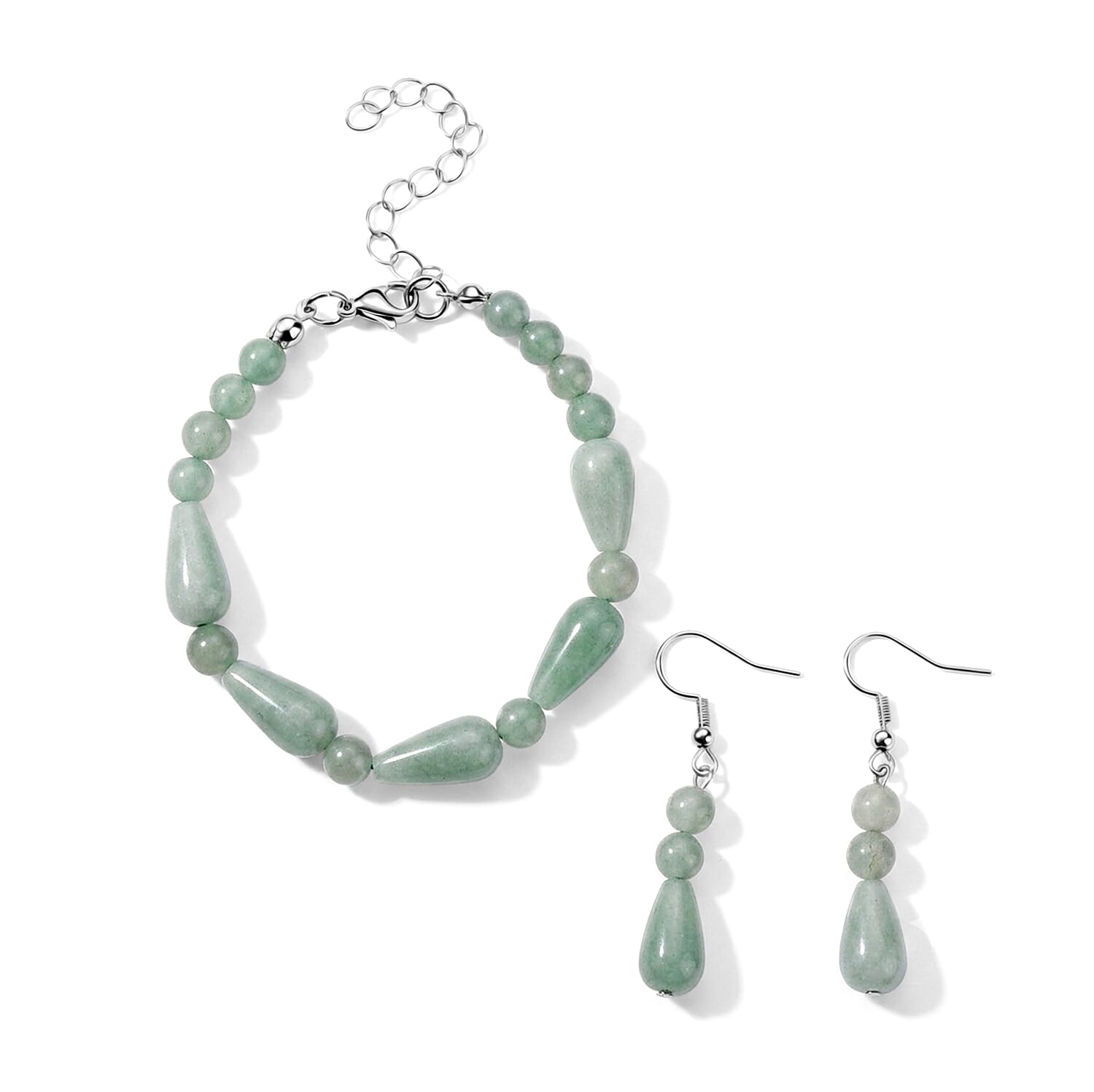 Green Aventurine 60.00 ctw Bracelet (7-9In) and Earrings in Stainless Steel