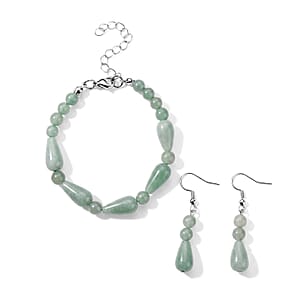 Green Aventurine 60.00 ctw Bracelet (7-9In) and Earrings in Stainless Steel