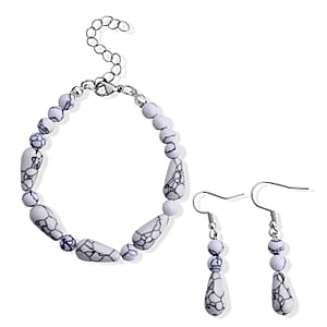 White Howlite 60.00 ctw Bracelet (7-9In) and Earrings in Stainless Steel