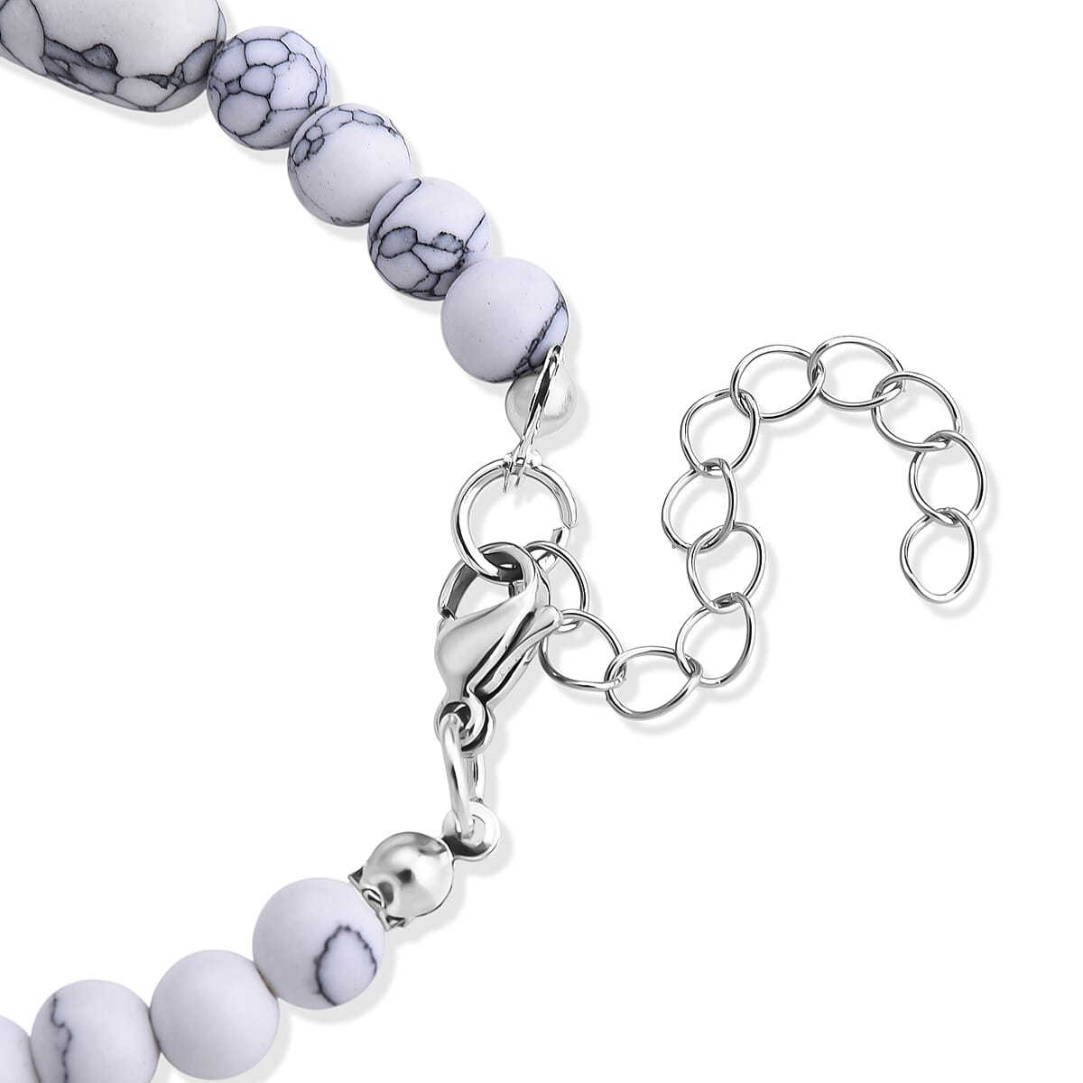 White Howlite 60.00 ctw Bracelet (7-9In) and Earrings in Stainless Steel image number 3