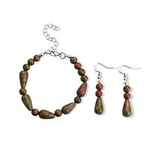Unakite 60.00 ctw Bracelet (7-9In) and Earrings in Stainless Steel