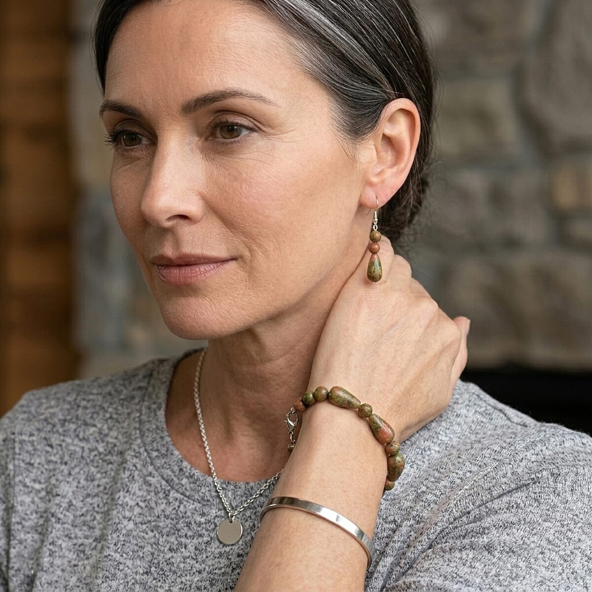 Unakite 60.00 ctw Bracelet (7-9In) and Earrings in Stainless Steel image number 2