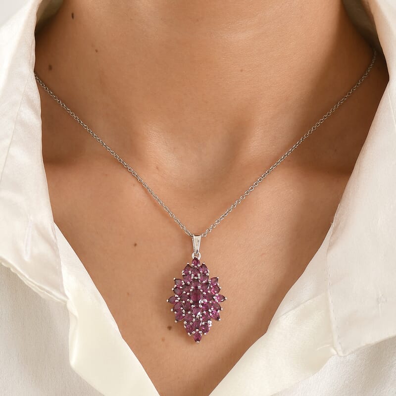 EverTrue Orissa Rhodolite Garnet 6.60 ctw Verdant Bloom Pendant in Platinum Bond with Stainless Steel Necklace (20 Inches)