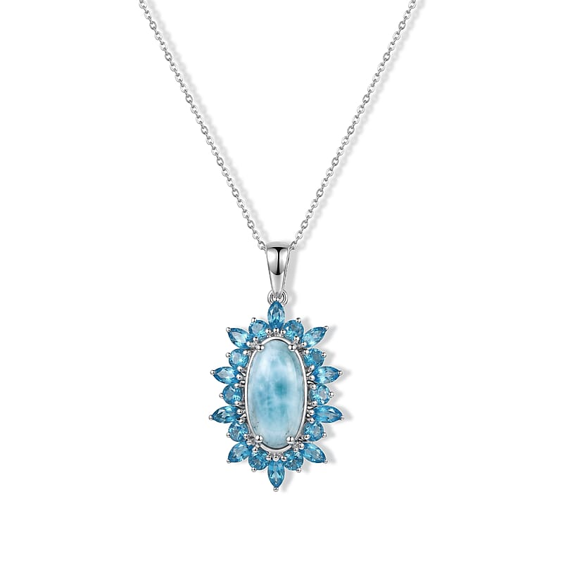 D'Joy Larimar and Neon Apatite 6.20 ctw Ocean Mist Pendant Necklace (20 Inches) in Rhodium Over Sterling Silver