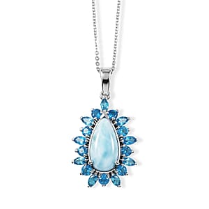 D'Joy Larimar and Neon Apatite 5.85 ctw Pendant Necklace (20 Inches) in Rhodium Over Sterling Silver