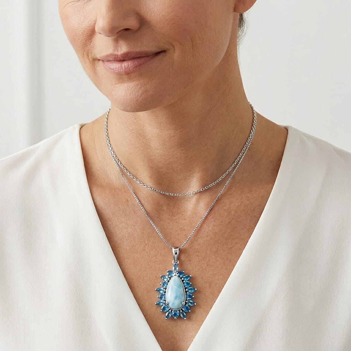 D'Joy Larimar and Neon Apatite 5.85 ctw Pendant Necklace (20 Inches) in Rhodium Over Sterling Silver image number 2