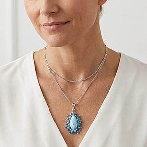 D'Joy Larimar and Neon Apatite 5.85 ctw Pendant Necklace (20 Inches) in Rhodium Over Sterling Silver