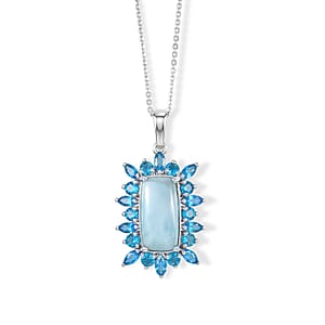 D'Joy Larimar and Neon Apatite 6.70 ctw Pendant Necklace (20 Inches) in Rhodium Over Sterling Silver