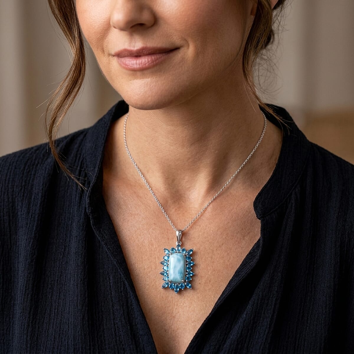 D'Joy Larimar and Neon Apatite 6.70 ctw Pendant Necklace (20 Inches) in Rhodium Over Sterling Silver image number 1