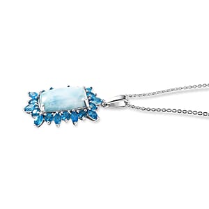 D'Joy Larimar and Neon Apatite 6.70 ctw Pendant Necklace (20 Inches) in Rhodium Over Sterling Silver