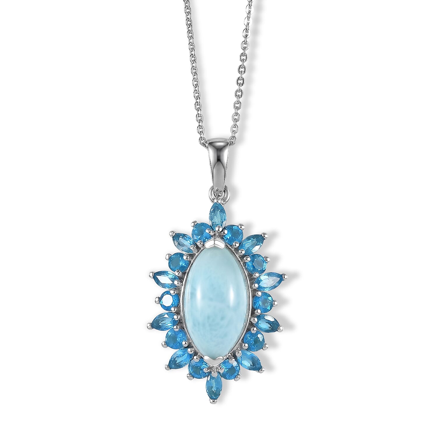 D'Joy Larimar, Neon Apatite 7.15 ctw Ocean Mist Pendant Necklace (20 Inches) in Rhodium Over Sterling Silver