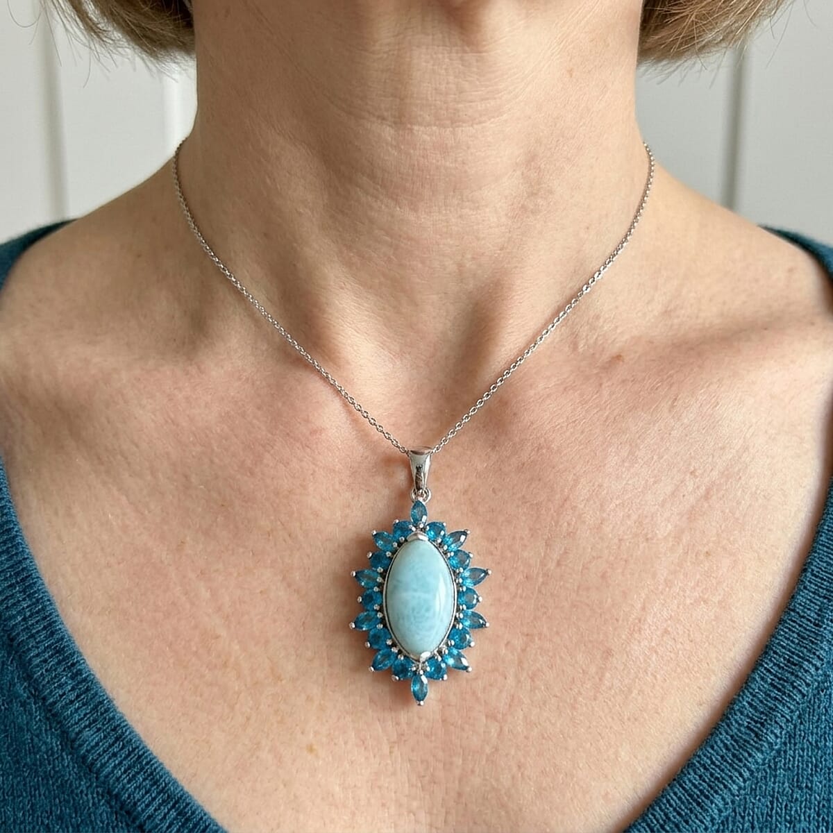 D'Joy Larimar, Neon Apatite 7.15 ctw Pendant Necklace (20 Inches) in Rhodium Over Sterling Silver image number 1