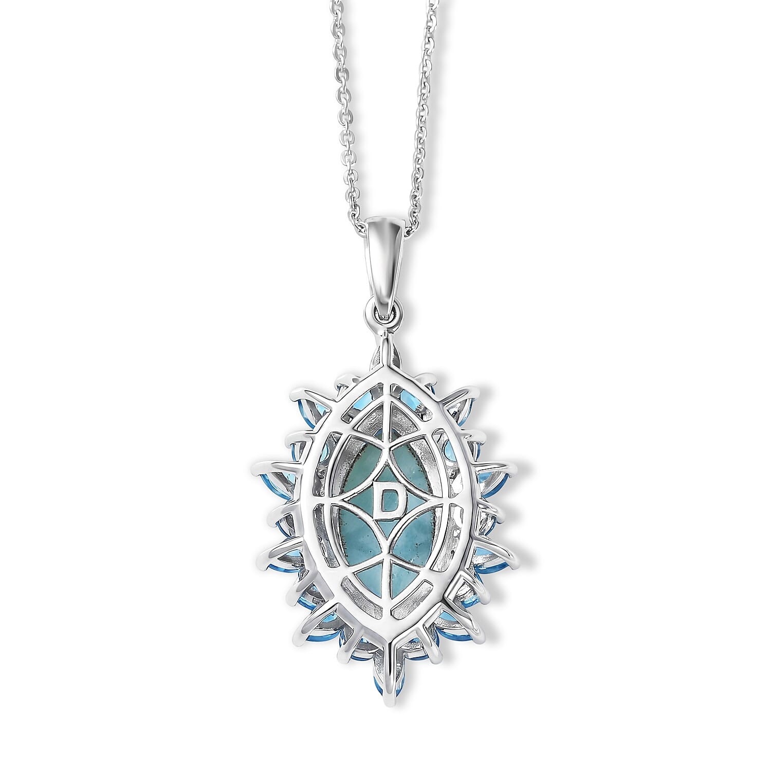 D'Joy Larimar, Neon Apatite 7.15 ctw Ocean Mist Pendant Necklace (20 Inches) in Rhodium Over Sterling Silver