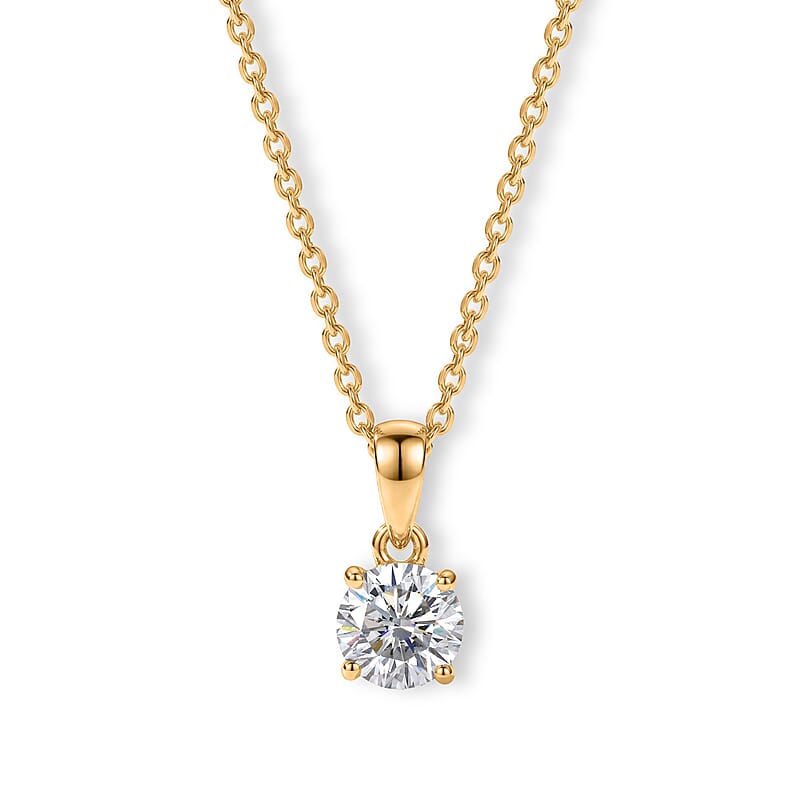 D'Joy Certified Moissanite (D, VVS) 1.00 ctw Solitaire Pendant in 18K YG Plated Sterling Silver with ION Plated YG Stainless Steel Necklace 20 Inches