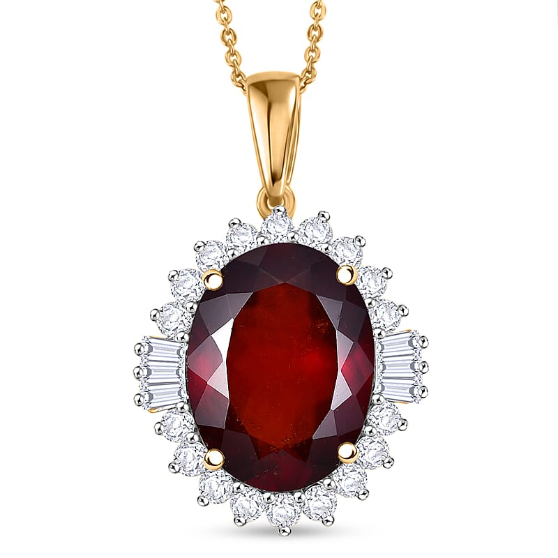 D'Joy AAA Ceylon Honey Garnet and Moissanite 11.60 ctw Sunfire Halo Pendant Necklace in 18K Vermeil Yellow Gold Over Sterling Silver 20 Inches