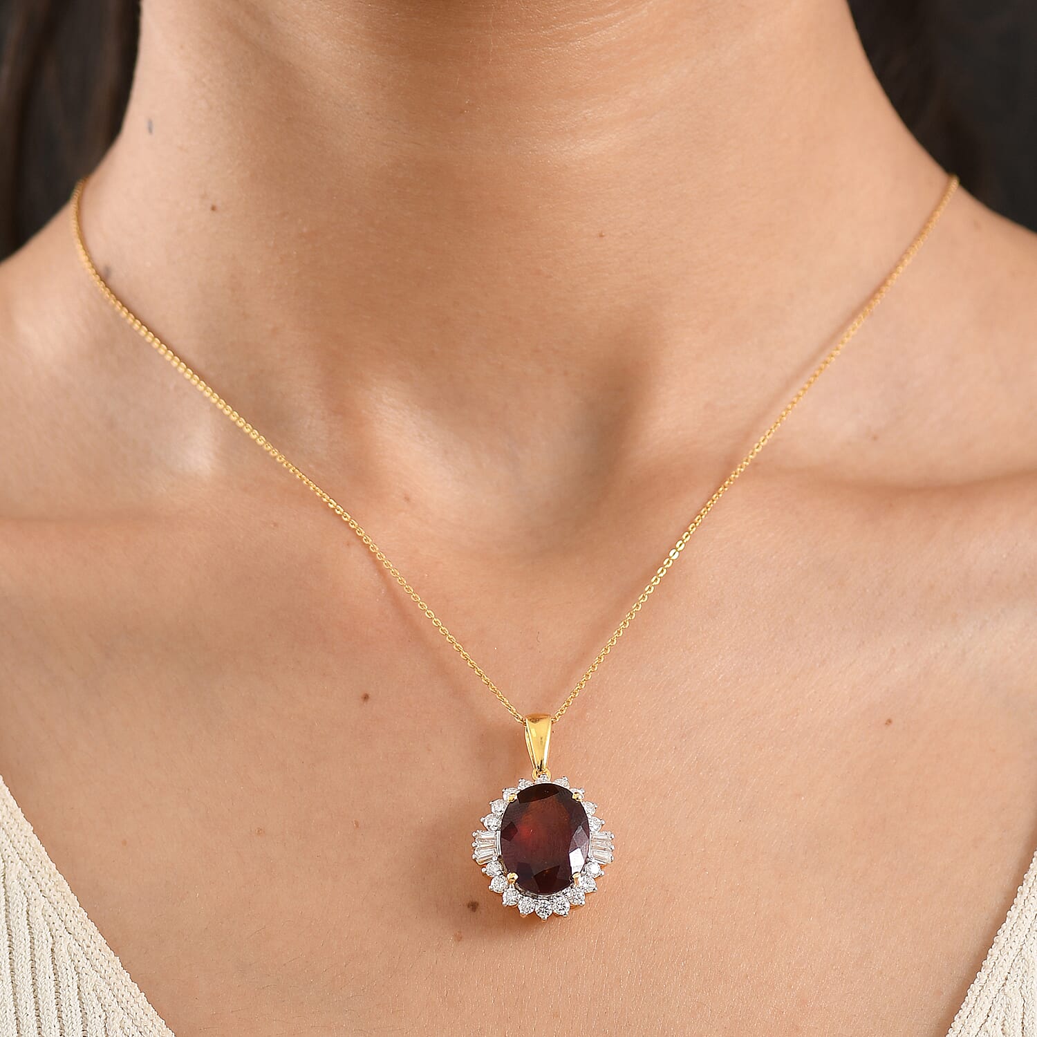 D'Joy AAA Ceylon Honey Garnet and Moissanite 11.60 ctw Sunfire Halo Pendant Necklace in 18K Vermeil Yellow Gold Over Sterling Silver 20 Inches