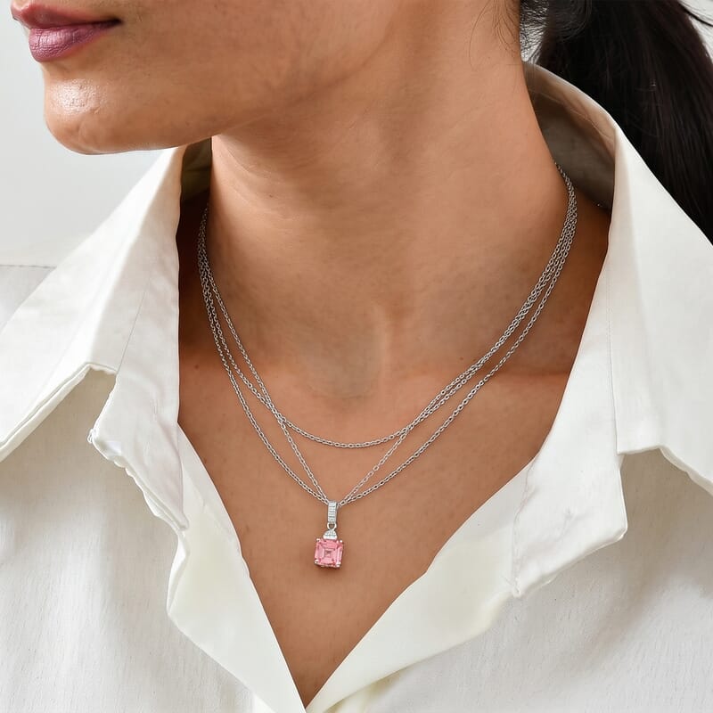 SGL Certified Luxuriant Asscher Cut Lab Grown Pink Diamond and Lab Grown Diamond VS 2.25 ctw Pendant Necklace in 10K White Gold 20 Inches