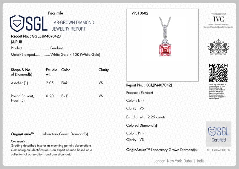 SGL Certified Luxuriant Asscher Cut Lab Grown Pink Diamond and Lab Grown Diamond VS 2.25 ctw Pendant Necklace in 10K White Gold 20 Inches