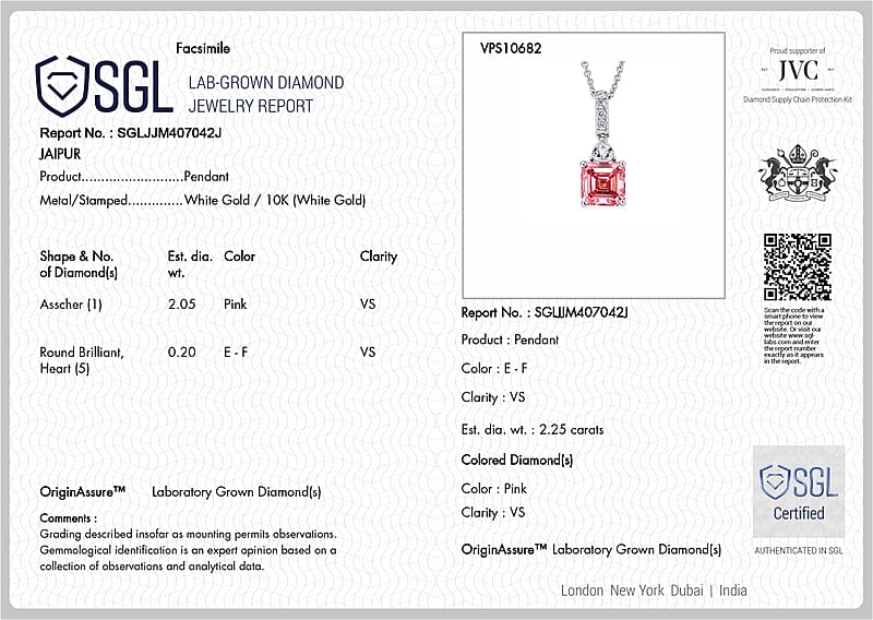 SGL Certified Luxuriant Asscher Cut Lab Grown Pink Diamond and Lab Grown Diamond VS 2.25 ctw Pendant Necklace in 10K White Gold 20 Inches