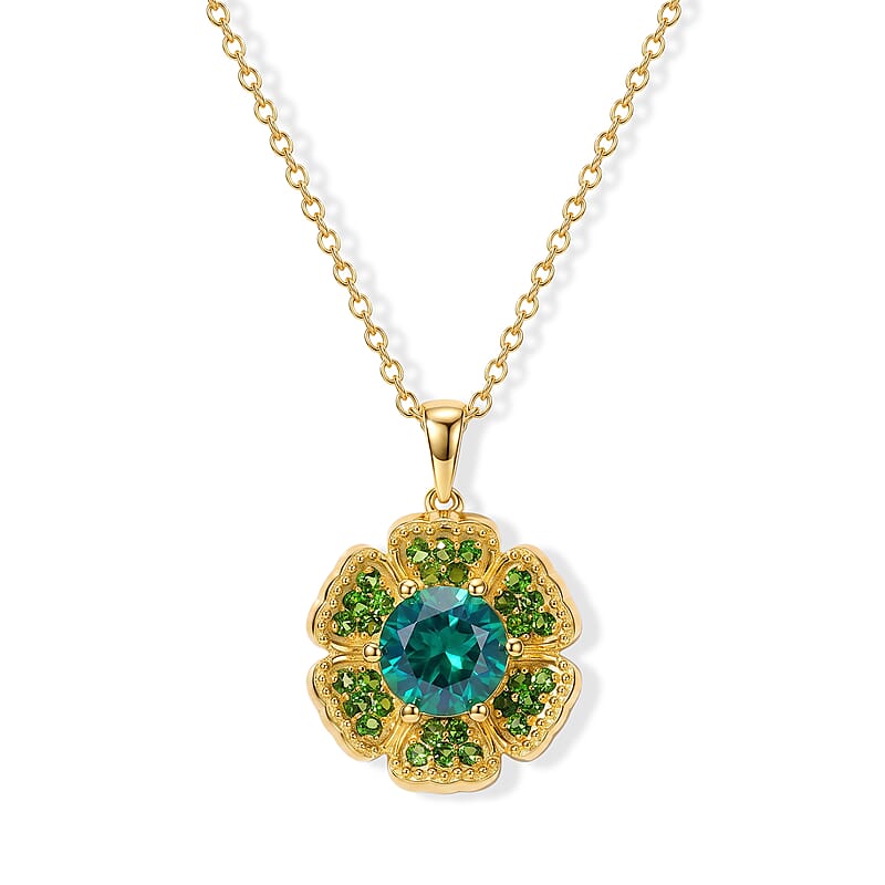 EverTrue Peacock Quartz (Triplet) and Chrome Diopside 2.85 ctw Dancing Peacock Bloom Pendant in 18K YG Plated with ION Plated YG Stainless Steel Necklace (20 Inches)