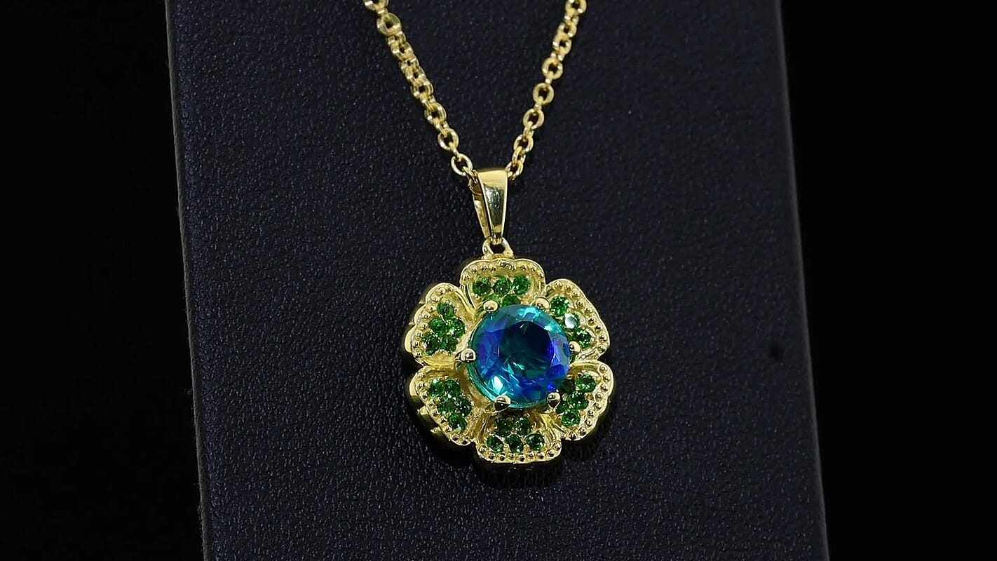 EverTrue Peacock Quartz, Chrome Diopside Dancing Peacock Bloom Pendant in 18K YG Plated with ION Plated YG Stainless Steel Necklace (20 Inches) 2.85 ctw