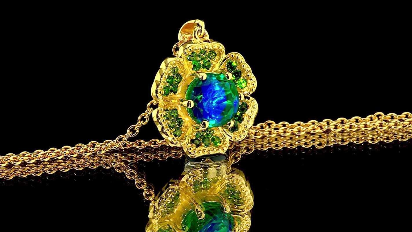 EverTrue Peacock Quartz, Chrome Diopside Dancing Peacock Bloom Pendant in 18K YG Plated with ION Plated YG Stainless Steel Necklace (20 Inches) 2.85 ctw