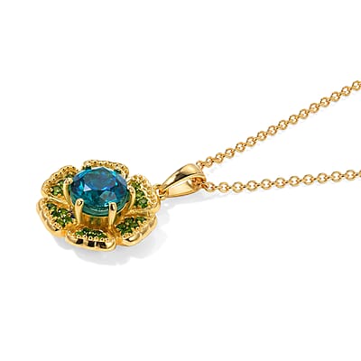 EverTrue Peacock Quartz (Triplet) and Chrome Diopside 2.85 ctw Dancing Peacock Bloom Pendant in 18K YG Plated with ION Plated YG Stainless Steel Necklace (20 Inches)