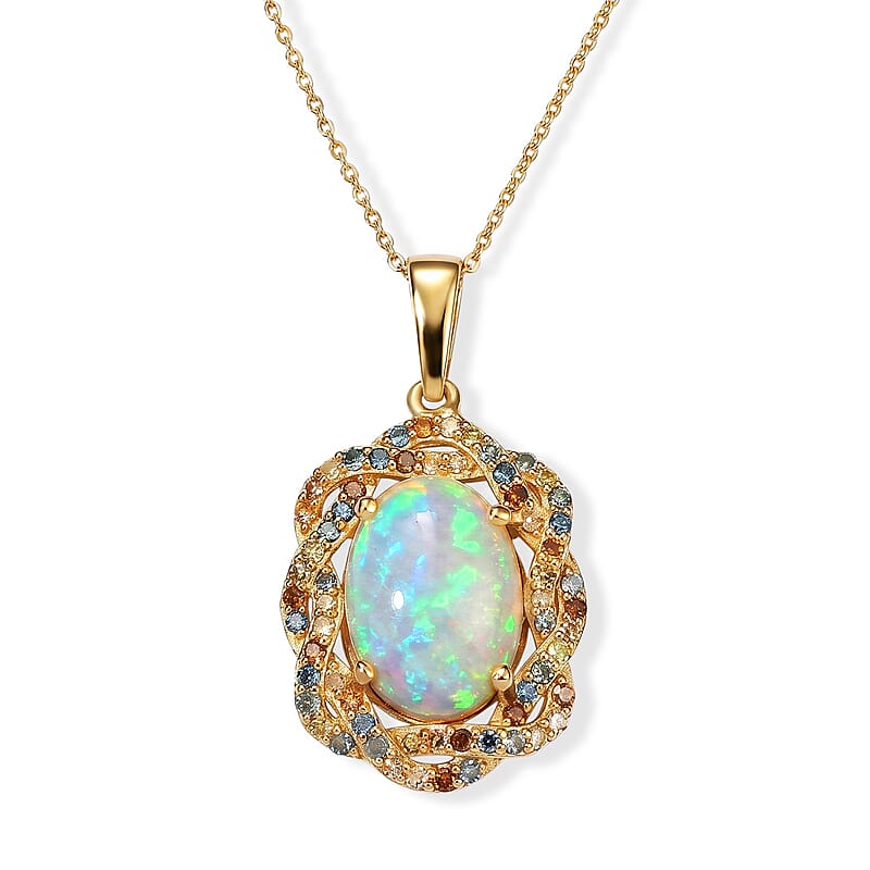 Premium Ethiopian Welo Opal and Luxuriant Lab Grown Multi Color Diamond SI 4.30 ctw Pendant Necklace in 18K Vermeil Yellow Gold Over Sterling Silver 20 Inches