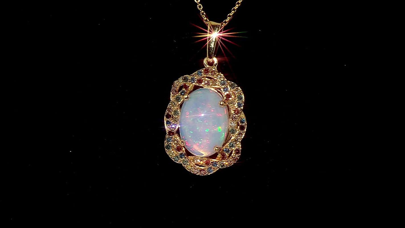 Premium Ethiopian Welo Opal and Luxuriant Lab Grown Multi Color Diamond SI 4.30 ctw Pendant Necklace in 18K Vermeil Yellow Gold Over Sterling Silver 20 Inches