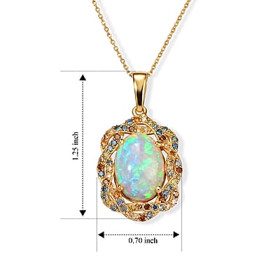 Premium Ethiopian Welo Opal and Luxuriant Lab Grown Multi Color Diamond SI 4.30 ctw Pendant Necklace in 18K Vermeil Yellow Gold Over Sterling Silver 20 Inches