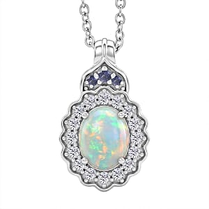 D'Joy Premium Ethiopian Welo Opal and Multi Gemstone 1.85 ctw Pendant Necklace (20 Inches) in Rhodium Over Sterling Silver