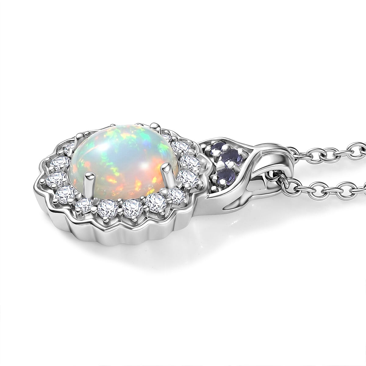 D'Joy Premium Ethiopian Welo Opal and Multi Gemstone 1.85 ctw Pendant Necklace (20 Inches) in Rhodium Over Sterling Silver image number 3
