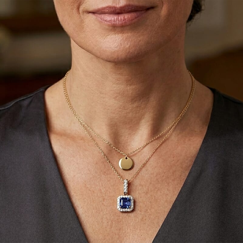 Asscher Cut Premium Tanzanite and Luxuriant Lab Grown Diamond G-H SI 0.70 ctw Pendant Necklace in 10K Yellow Gold 20 Inches