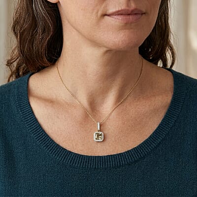 Asscher Cut AAA Turkizite and Luxuriant Lab Grown Diamond G-H SI 1.60 ctw Pendant Necklace in 10K Yellow Gold 20 Inches