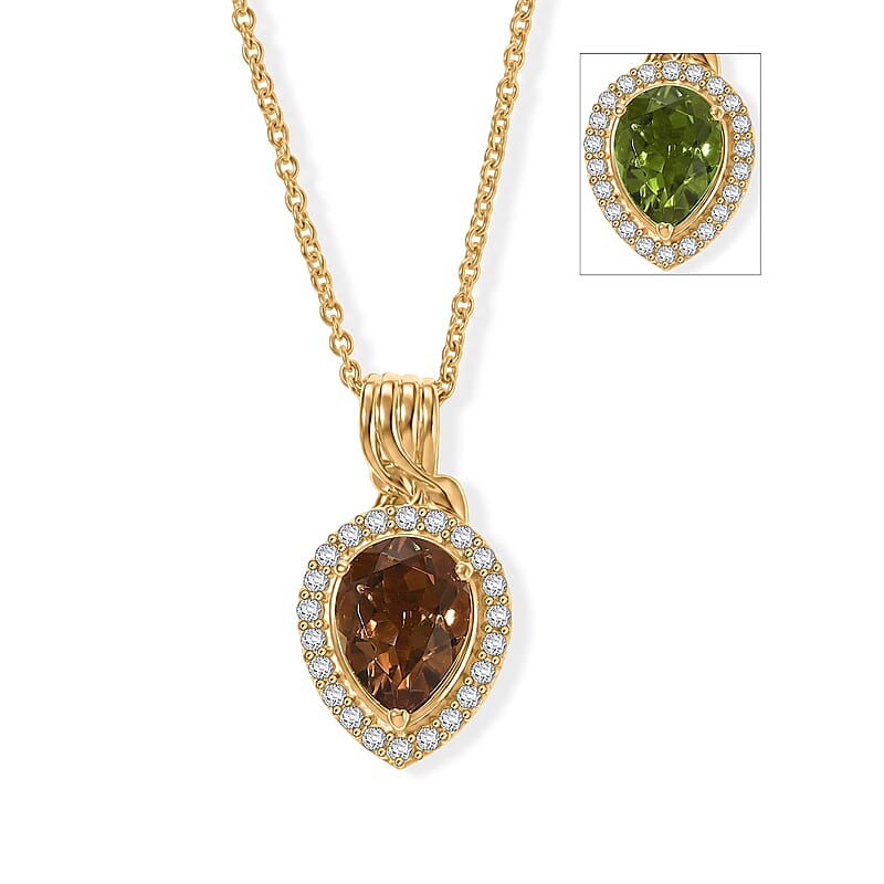 EverTrue Autumn Alexite and White Zircon 4.25 ctw Blazing Teardrop Pendant in 18K YG Plated with ION Plated YG Stainless Steel Necklace (20 Inches)
