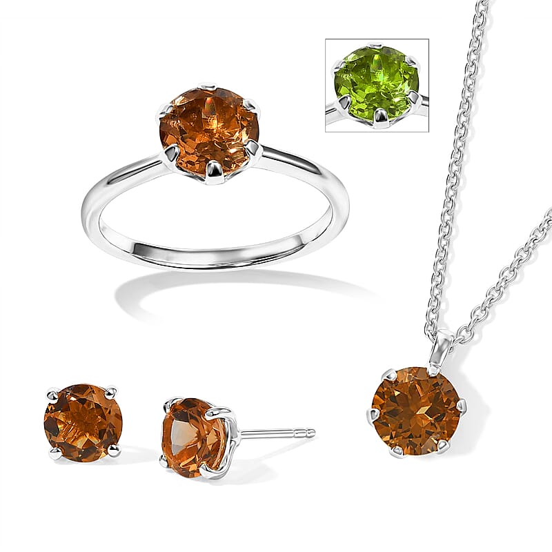 EverTrue Autumn Alexite 6.40 ctw Spark of Majesty Set Earrings, Ring (Size 10) and Pendant in Platinum Bond with Stainless Steel Necklace (20 Inches)
