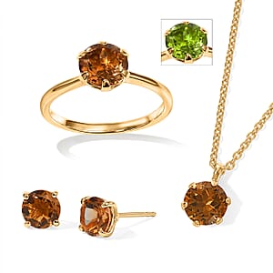 EverTrue Autumn Alexite 6.40 ctw Spark of Majesty Set Earrings, Ring (Size 9) and Pendant in 18K YG Plated with ION Plated YG Stainless Steel Necklace (20 Inches)