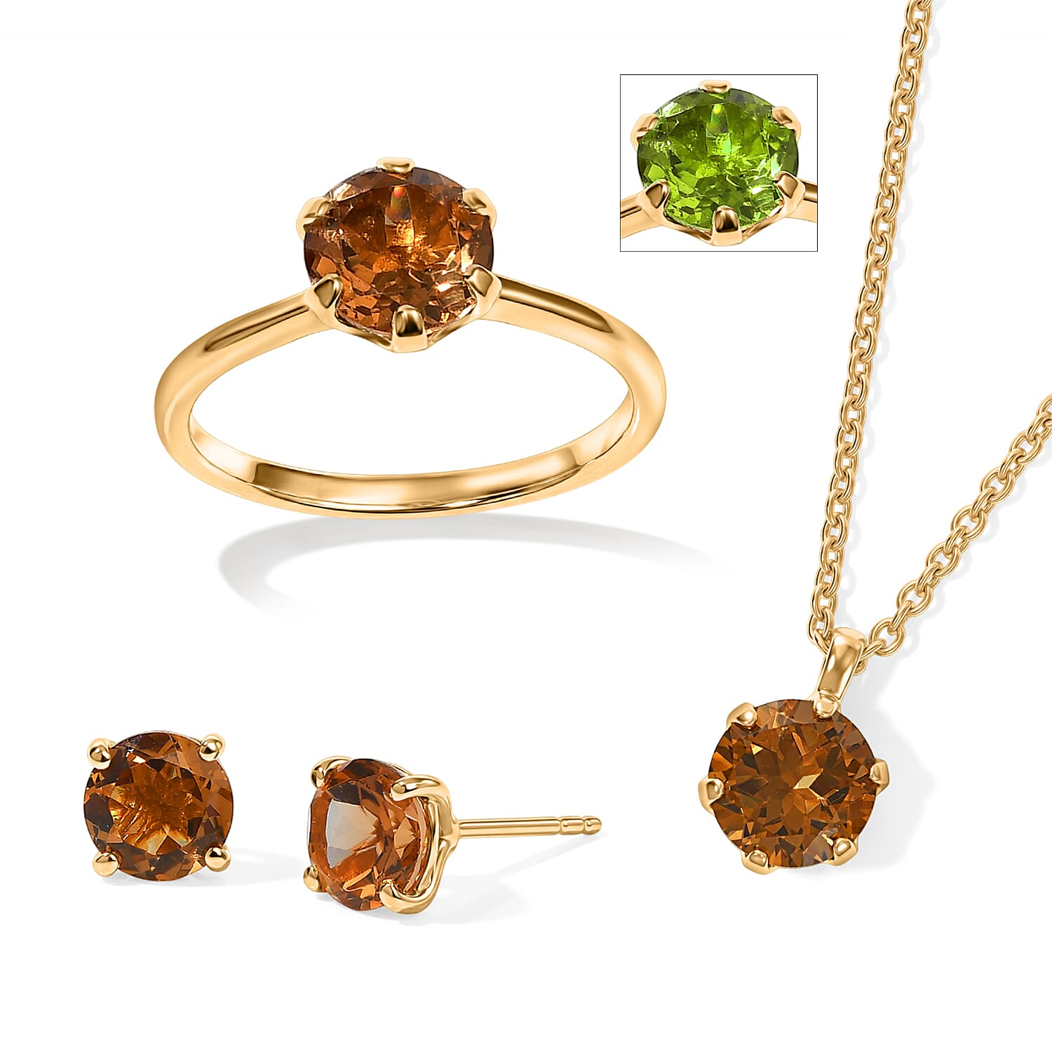 EverTrue Autumn Alexite 6.40 ctw Spark of Majesty Set Earrings, Ring (Size 10) and Pendant in 18K YG Plated with ION Plated YG Stainless Steel Necklace (20 Inches)
