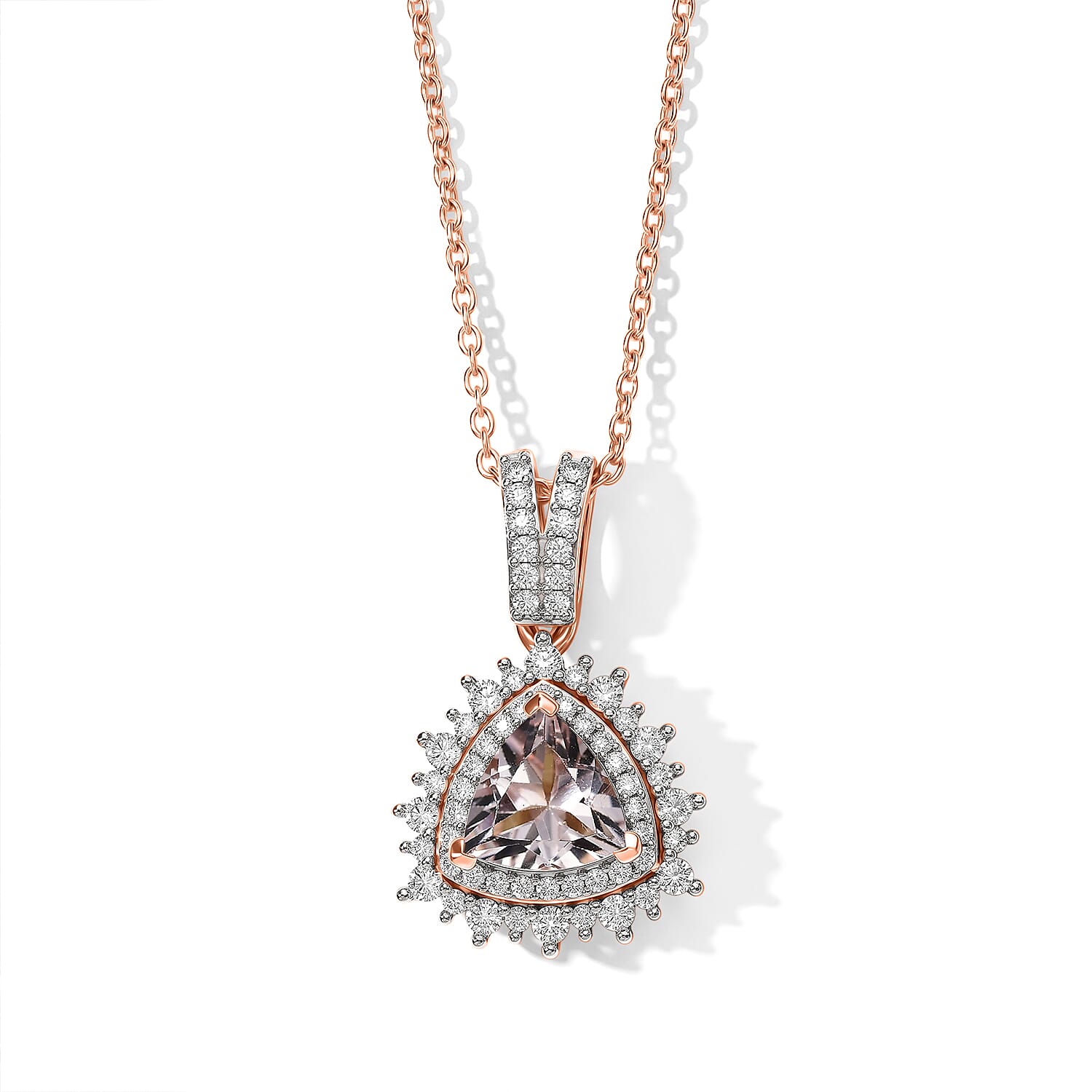 D'Joy Premium Pink Morganite and Moissanite 1.40 ctw Cathedral Frame Pendant Necklace in 18K Vermeil Rose Gold Over Sterling Sil
