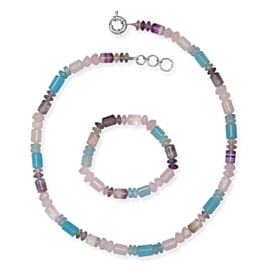 EverTrue Multi Gemstone 405.00 ctw Beaded Stretch Bracelet and Necklace 20 Inches in Platinum Bond