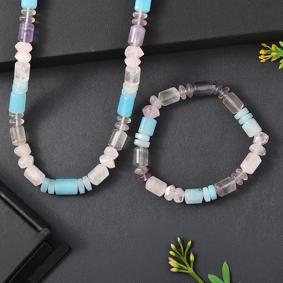 EverTrue Multi Gemstone 405.00 ctw Beaded Stretch Bracelet and Necklace 20 Inches in Platinum Bond image number 1