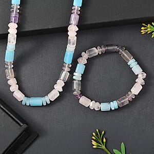 EverTrue Multi Gemstone 405.00 ctw Beaded Stretch Bracelet and Necklace 20 Inches in Platinum Bond